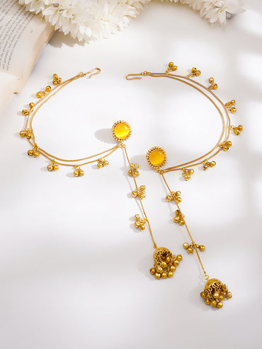 Gold-Plated Yellow Enamel Chain Tassel Kashmiri Jhumka Earrings