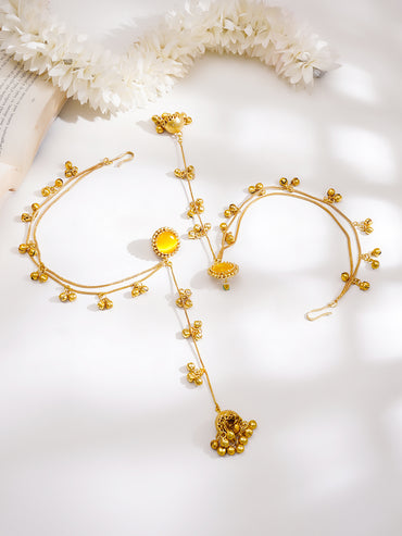 Gold-Plated Yellow Enamel Chain Tassel Kashmiri Jhumka Earrings
