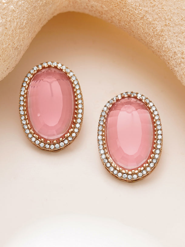 Gold Plated Blush Rose Halo Oval Statement Studs Earrings