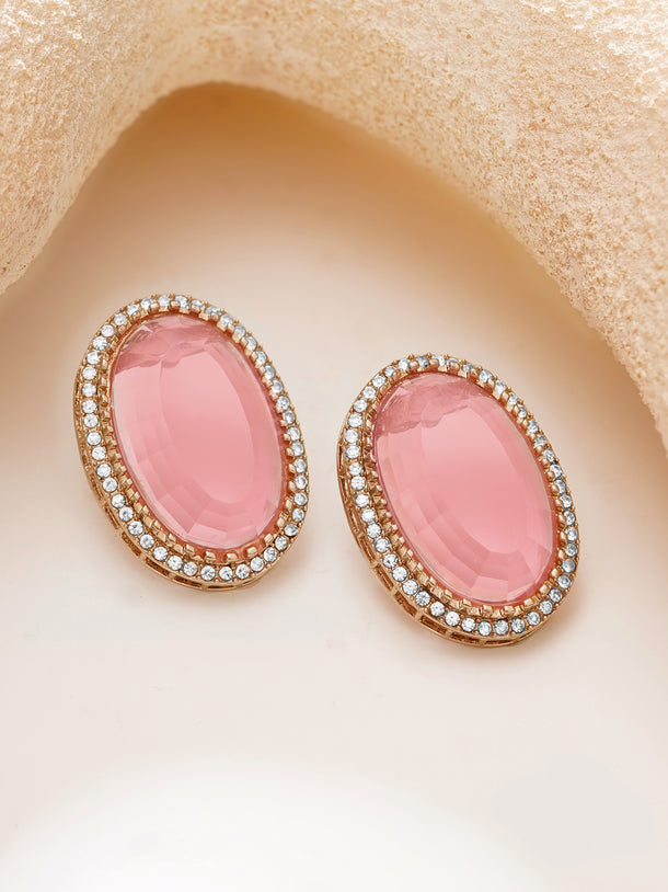 Gold Plated Blush Rose Halo Oval Statement Studs Earrings