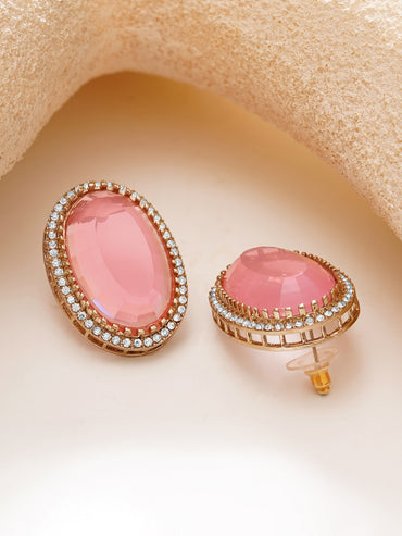 Gold Plated Blush Rose Halo Oval Statement Studs Earrings
