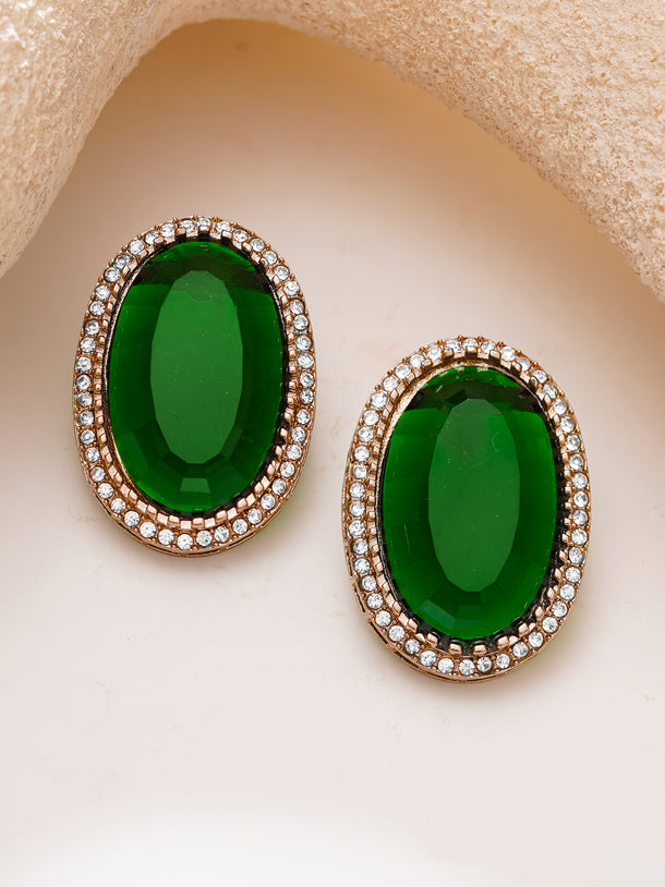 Gold Plated Emerald Crown Halo Oval Statement Studs Earrings