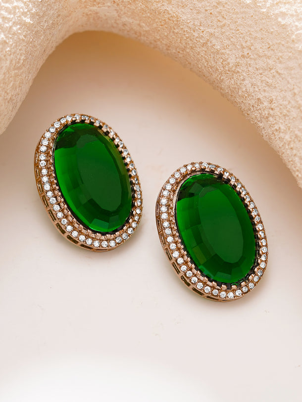 Gold Plated Emerald Crown Halo Oval Statement Studs Earrings