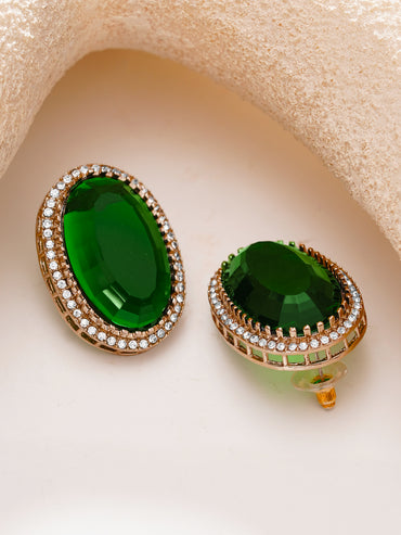 Gold Plated Emerald Crown Halo Oval Statement Studs Earrings