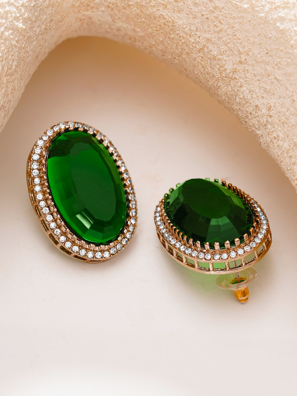 Gold Plated Emerald Crown Halo Oval Statement Studs Earrings