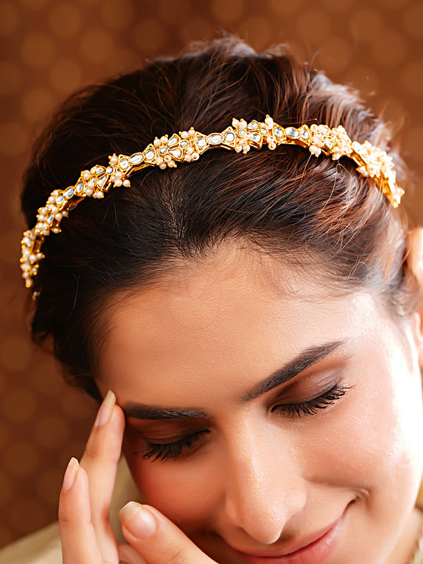Gold Plated Pearl Kundan Hairband