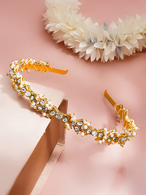 Gold Plated Pearl Kundan Hairband