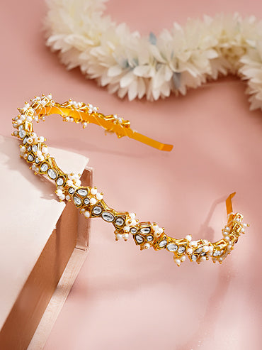 Gold Plated Pearl Kundan Hairband