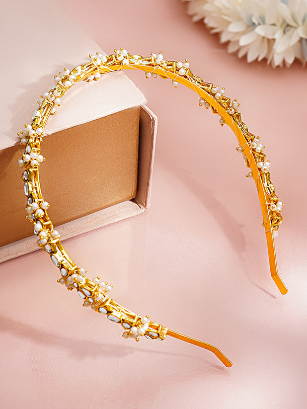 Gold Plated Pearl Kundan Hairband