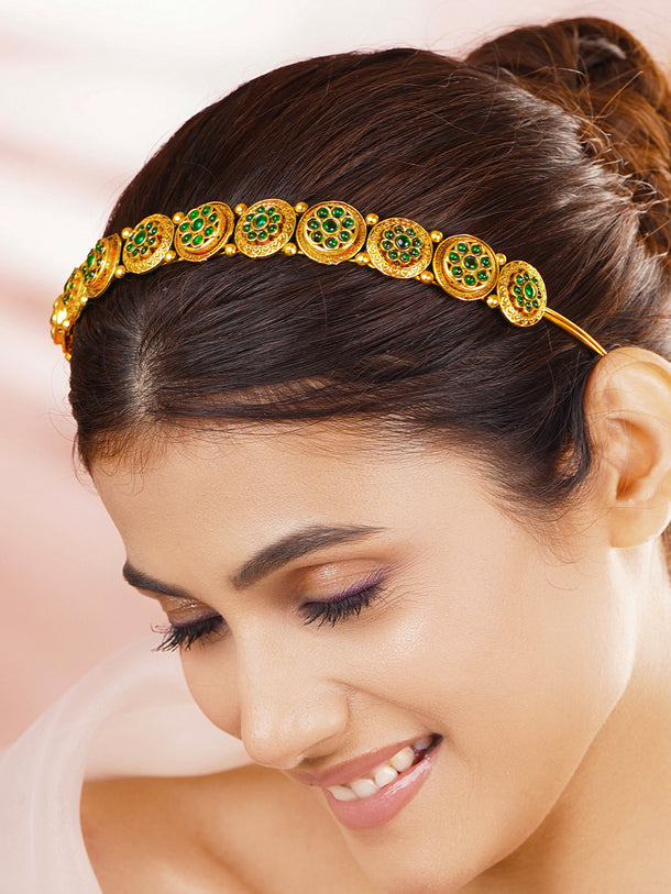 Antique Gold-Plated Green Kundan Floral Traditional Hair Band Accessory