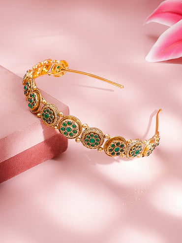 Antique Gold-Plated Green Kundan Floral Traditional Hair Band Accessory