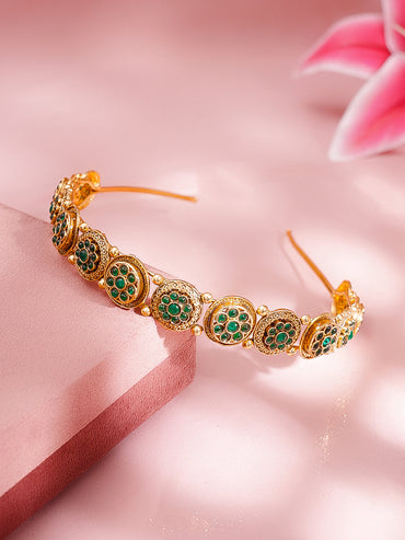 Antique Gold-Plated Green Kundan Floral Traditional Hair Band Accessory