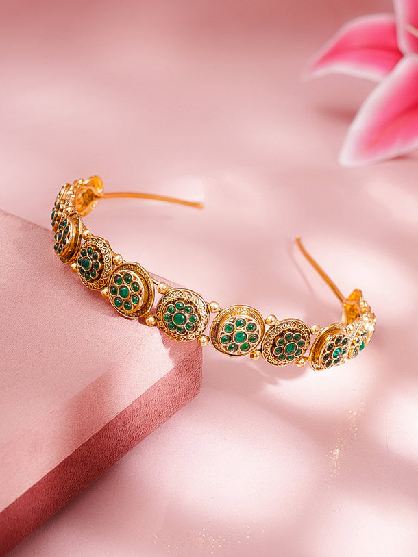 Antique Gold-Plated Green Kundan Floral Traditional Hair Band Accessory