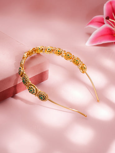 Antique Gold-Plated Green Kundan Floral Traditional Hair Band Accessory