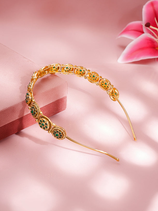 Antique Gold-Plated Green Kundan Floral Traditional Hair Band Accessory