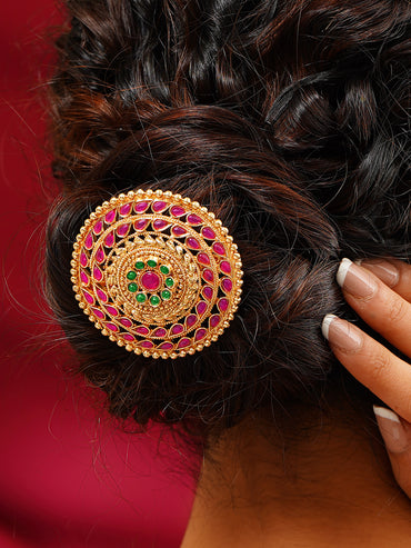 Gold-Plated Ruby & Green Kundan Hair Brooch