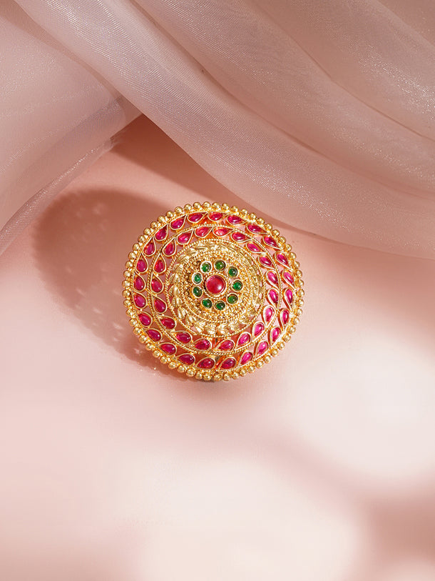 Gold-Plated Ruby & Green Kundan Hair Brooch