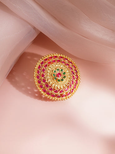 Gold-Plated Ruby & Green Kundan Hair Brooch