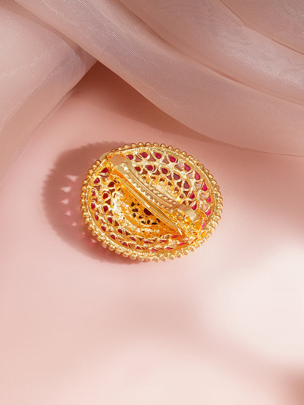 Gold-Plated Ruby & Green Kundan Hair Brooch