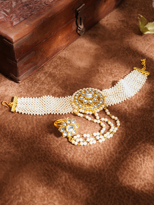 Statement Pearl Kundan Haathphool Bracelet