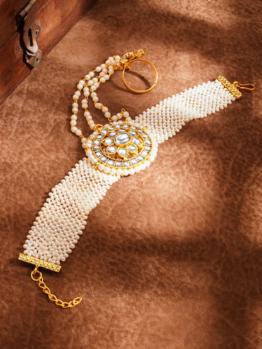 Statement Pearl Kundan Haathphool Bracelet