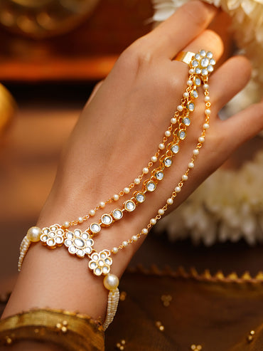 Gold Plated Pearl Beaded Kundan Hathphool