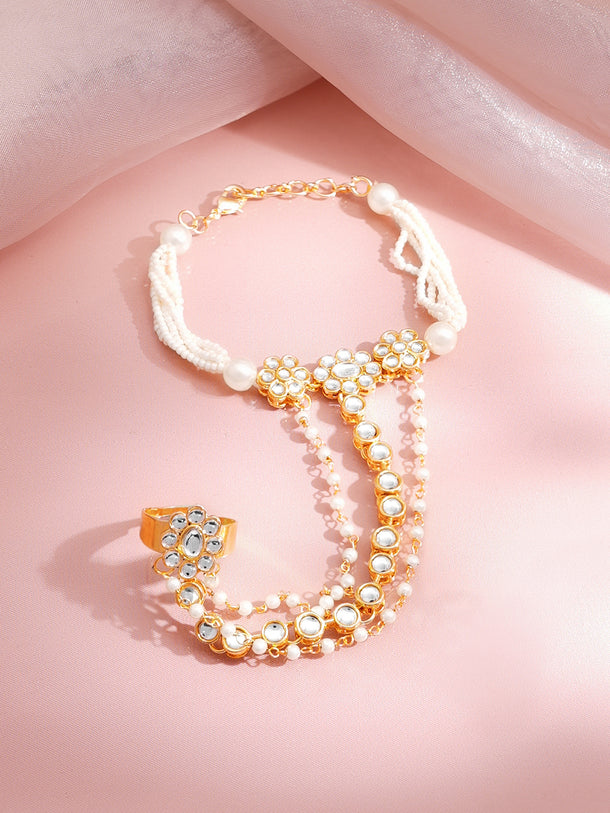 Gold Plated Pearl Beaded Kundan Hathphool