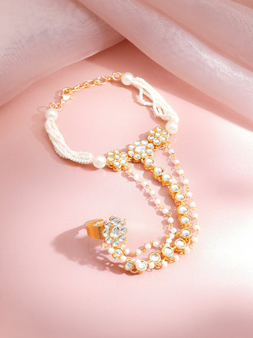 Gold Plated Pearl Beaded Kundan Hathphool