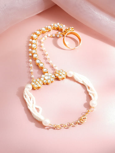Gold Plated Pearl Beaded Kundan Hathphool