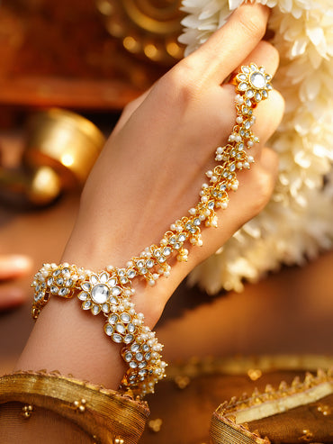 Gold Plated Pearl Beaded Kundan Hathphool