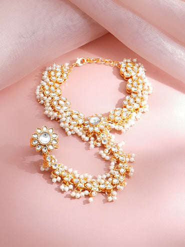 Gold Plated Pearl Beaded Kundan Hathphool
