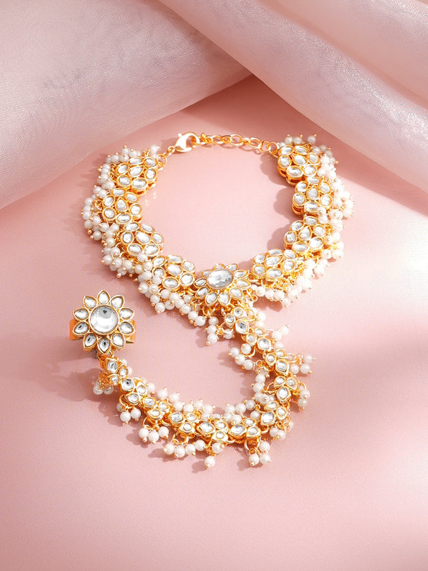 Gold Plated Pearl Beaded Kundan Hathphool