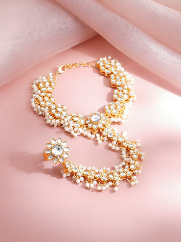 Gold Plated Pearl Beaded Kundan Hathphool