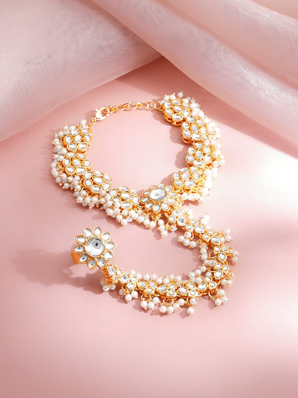Gold Plated Pearl Beaded Kundan Hathphool