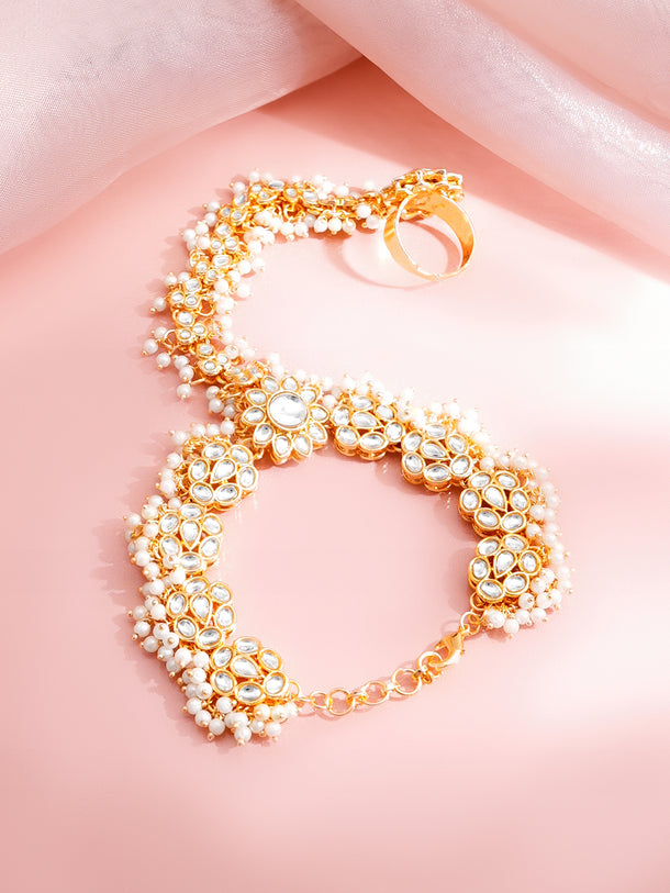 Gold Plated Pearl Beaded Kundan Hathphool