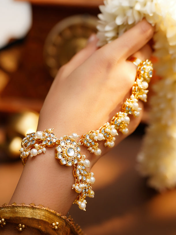Gold Plated Pearl Beaded Floral Kundan Hathphool