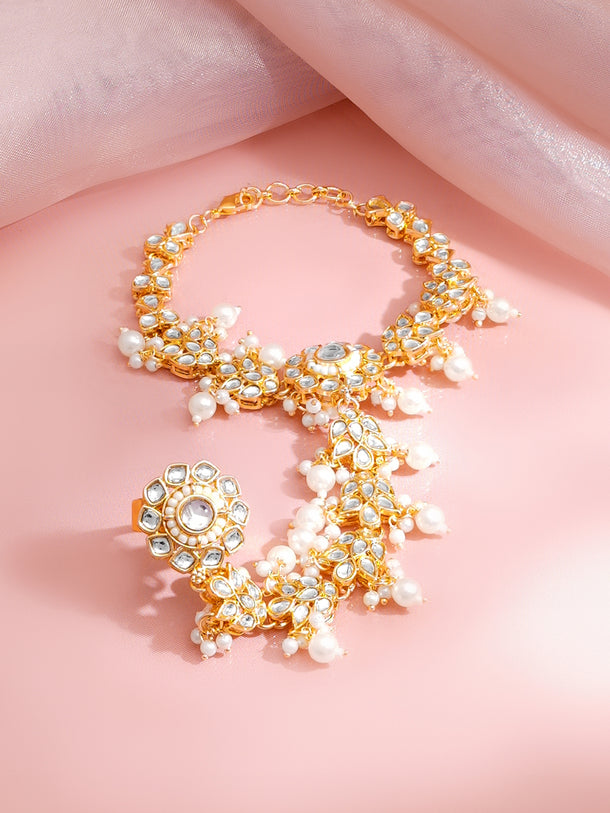Gold Plated Pearl Beaded Floral Kundan Hathphool