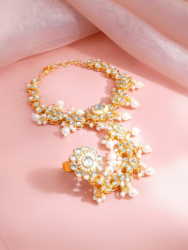 Gold Plated Pearl Beaded Floral Kundan Hathphool
