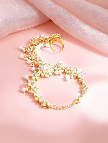 Gold Plated Pearl Beaded Floral Kundan Hathphool