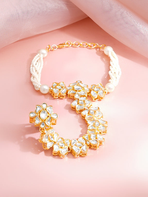 Gold Plated Pearl Beaded Kundan Hathphool