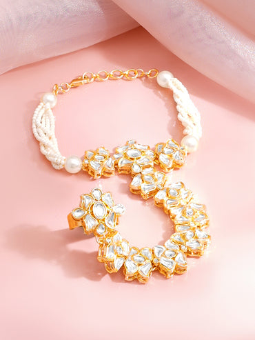 Gold Plated Pearl Beaded Kundan Hathphool
