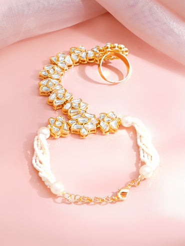 Gold Plated Pearl Beaded Kundan Hathphool