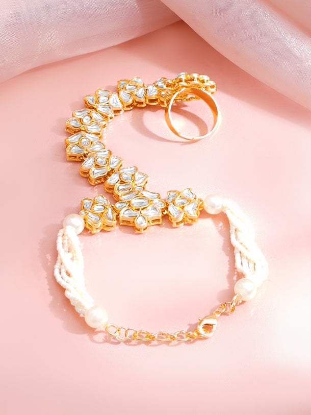 Gold Plated Pearl Beaded Kundan Hathphool