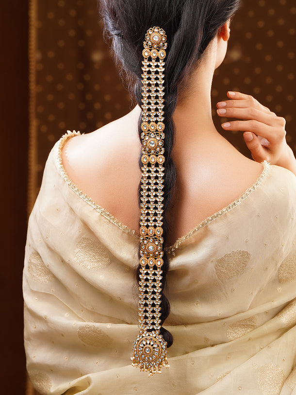 Gold Plated Heirloom Antique Kundan Pearl Bridal Hair Accessory