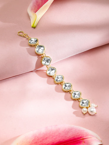 Rubans 18K Gold-Plated White Kundan-Studded Maangtika with White Pearls