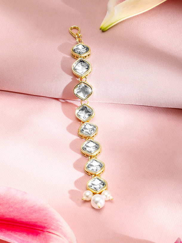 Rubans 18K Gold-Plated White Kundan-Studded Maangtika with White Pearls