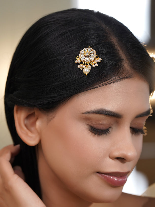 Rubans Set of 3 18K Gold Plated Brass Kundan Pearl Floral Hair Pin Accessory
