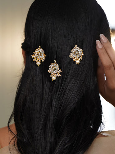 Rubans Set of 3 18K Gold Plated Brass Kundan Pearl Floral Hair Pin Accessory
