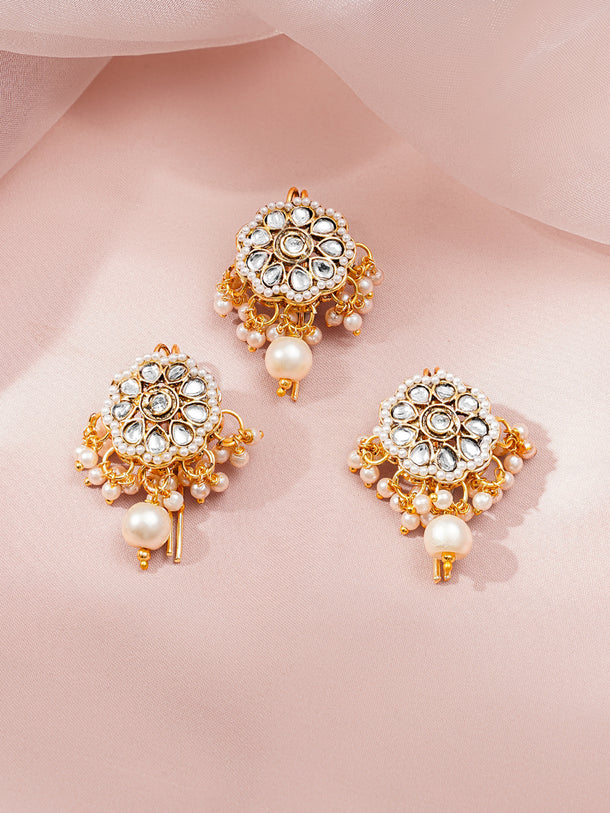 Rubans Set of 3 18K Gold Plated Brass Kundan Pearl Floral Hair Pin Accessory