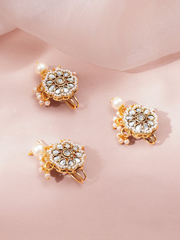 Rubans Set of 3 18K Gold Plated Brass Kundan Pearl Floral Hair Pin Accessory